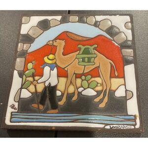 Vintage Ceramic Tile Man Walking Camel Art Decor‎ Wall Hanging Trivet Signed 6"
